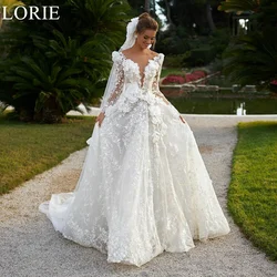 LORIE A-Line V-Neck BOHO Wedding Dresses with 3D Flowers Lace Appliques Long Sleeves Luxurious Princess Bride Wedding Gown 2024