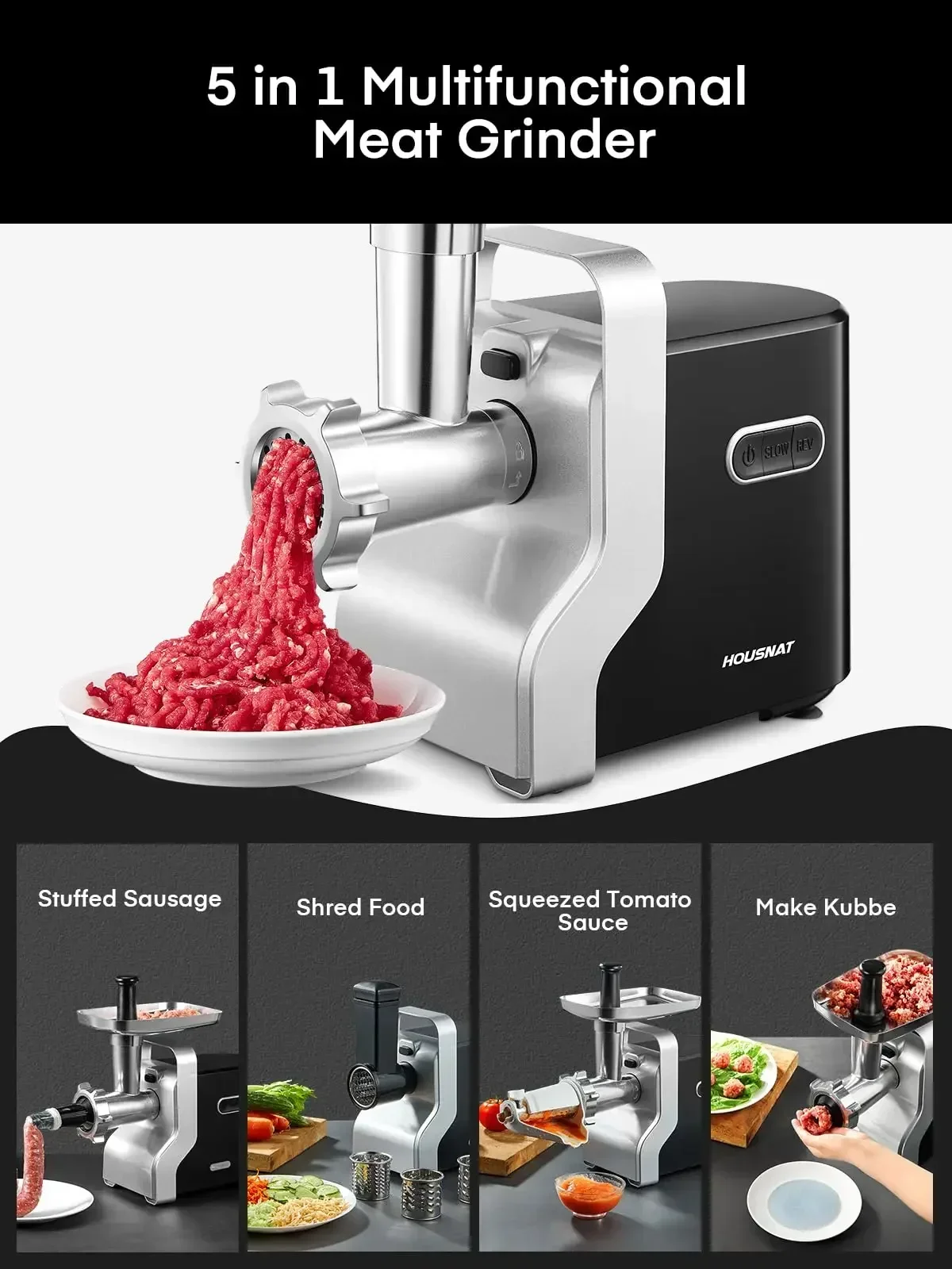 Meat Grinder Heavy Duty, 3000W Max Ultra Powerful, 5 in 1 HOUSNAT Multifunction Electric Meat Grinder, Sausage Stuffer, Slicer/S