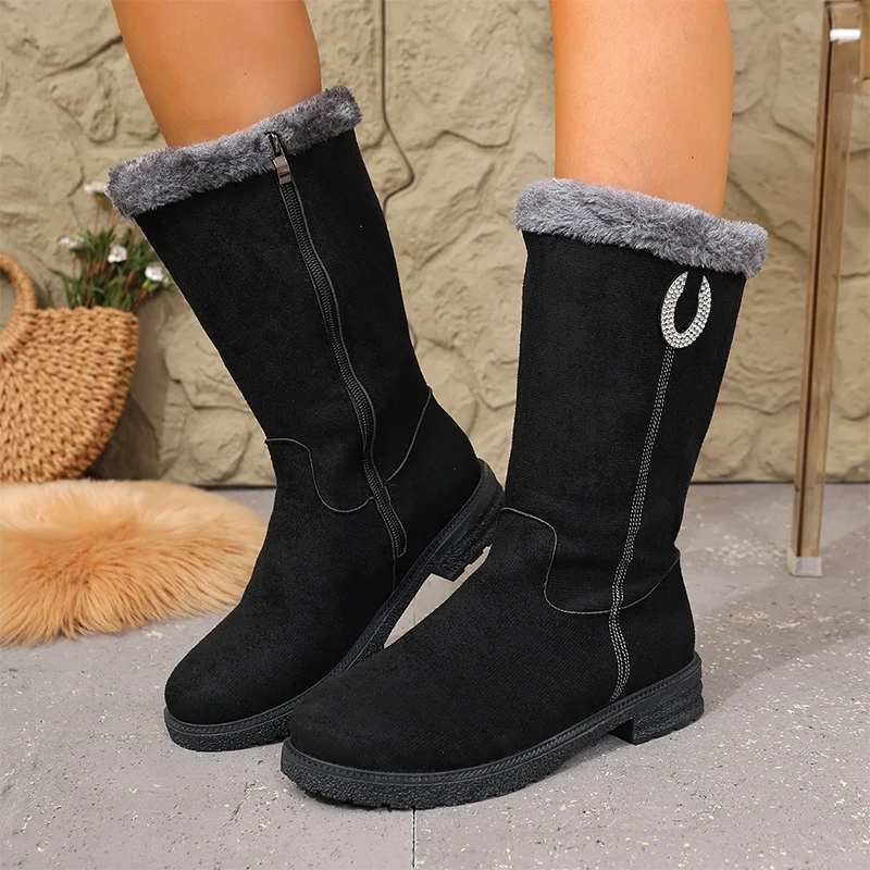 

Luxury Crystal Women's Boots Flats Fur Shoes Mid Calf Snow Boots 2025 Winter Fashion Warm Sport Shoes Walking Chelsea Botas Lady