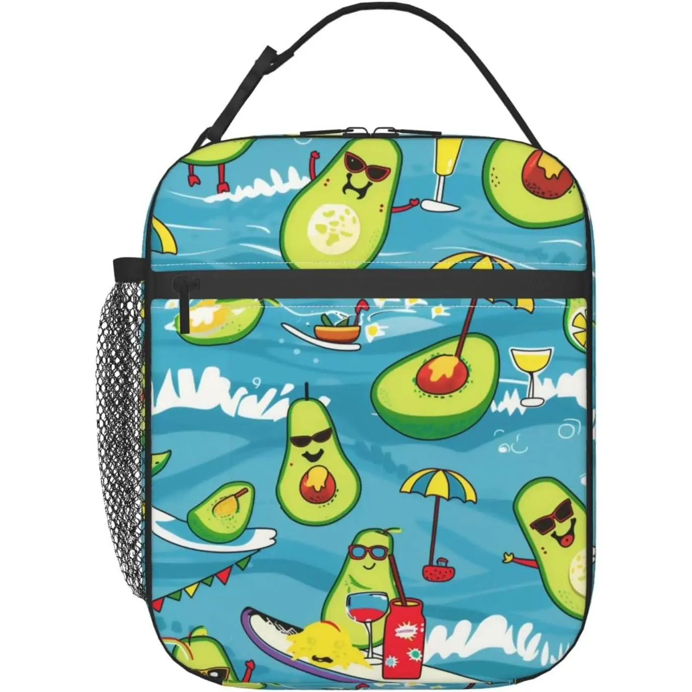 

Funny Avocado Insulated Lunch Box Reusable Thermal Lunchbox with Summer Beach Coastal Theme Portable Handbags for Office Camping