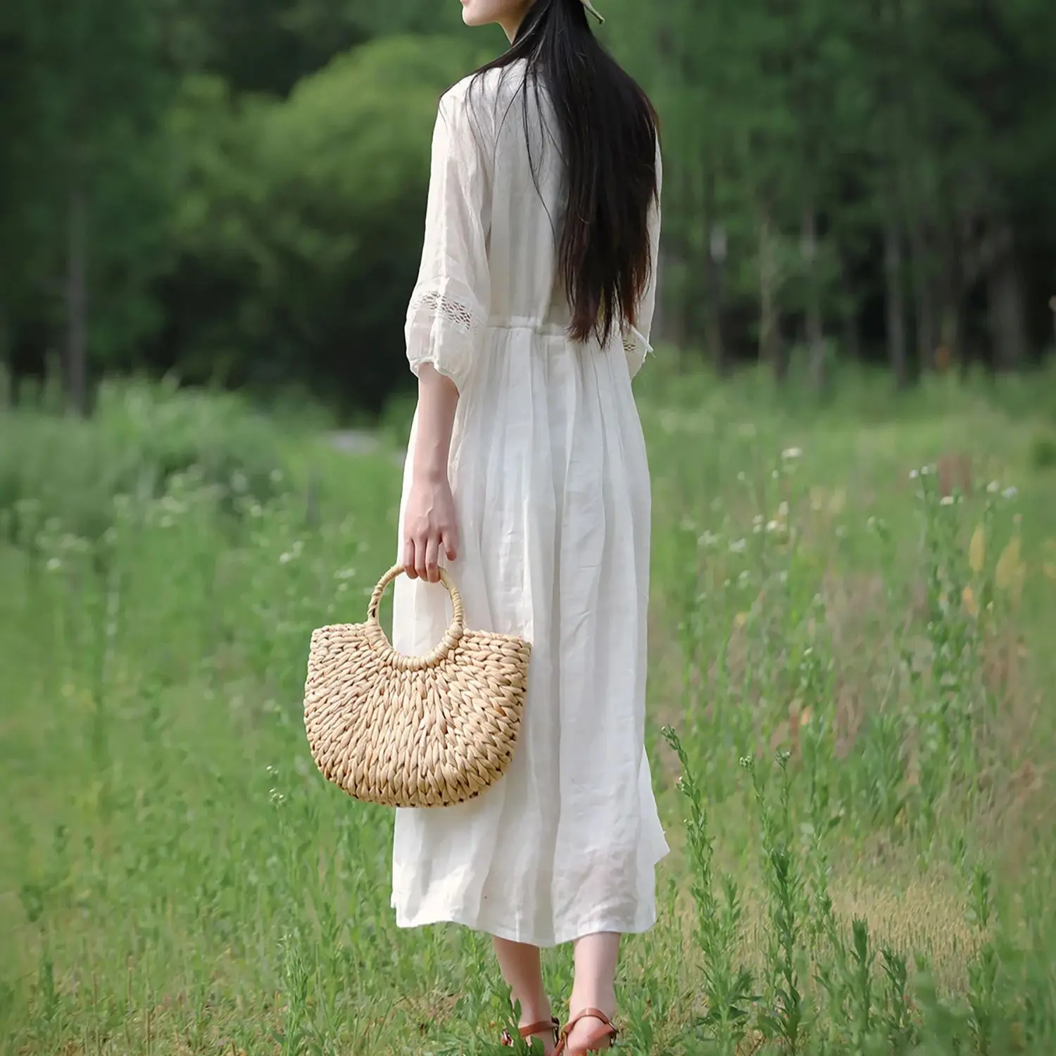 LZJN Vestido de verão ramie de duas camadas com renda bordada e cordão emagrecedor, estilo literário e doce, vestido longo branco
