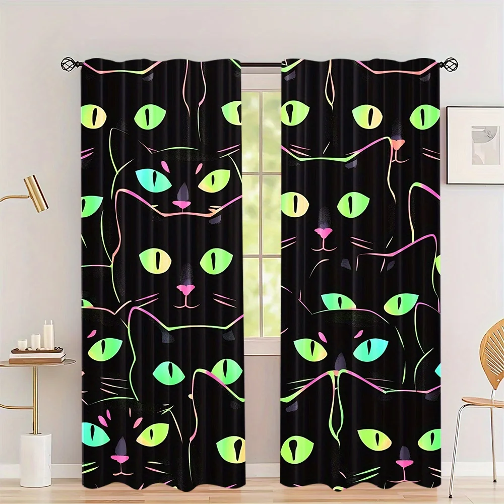 2pcs Black Neon Cat Face Print Curtains Pair Modern Aesthetic Living Room Window Curtains Home Decor Curtain Accessory