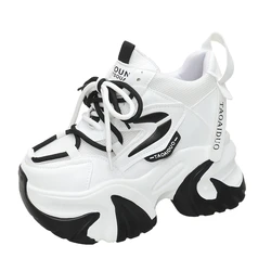Spring Autumn Women Chunky Sneakers 10CM Hidden Heels Leather Casual Shoes Woman Crystal High Platform Ladies Sports Dad Shoes
