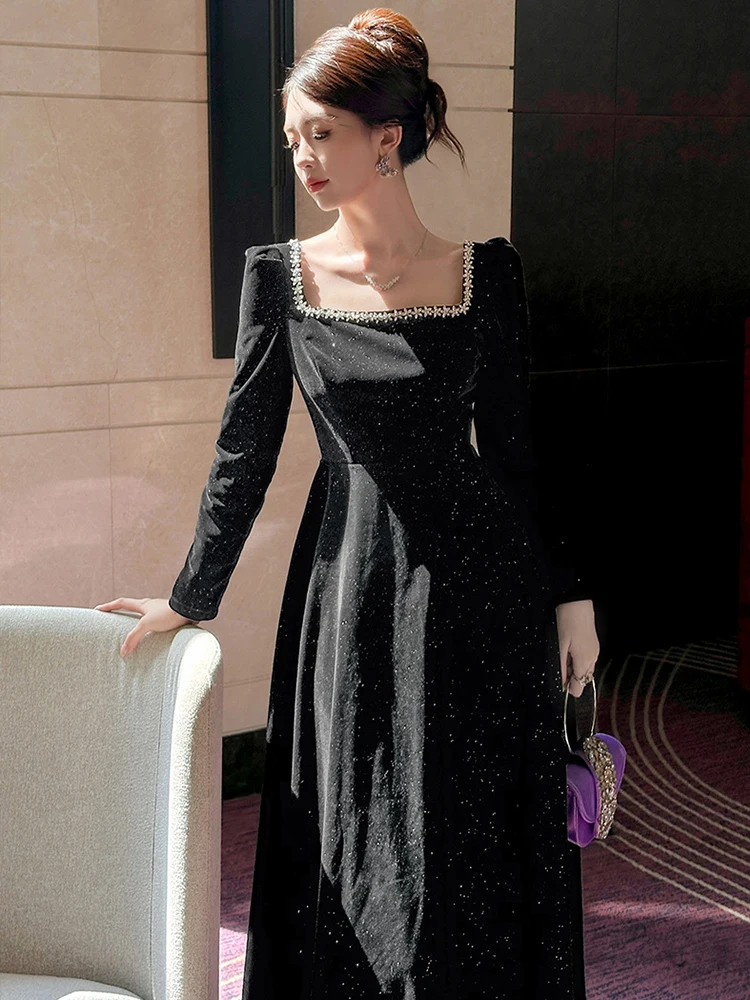 فستان سهرة رسمي حلو عتيق للنساء سيدة ريترو أسود لامع حجر الراين رداء طويل فام حفلة عيد ميلاد حفلة موسيقية Vestidos أنثى #2