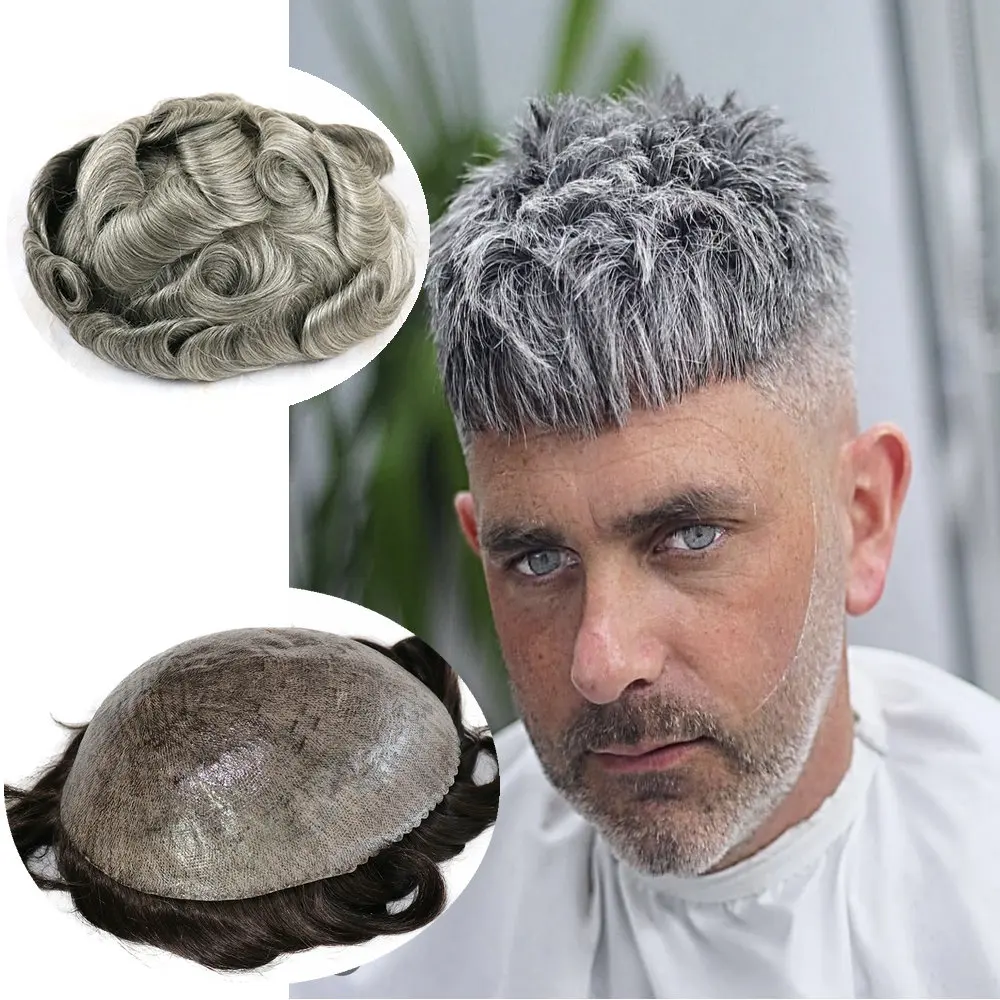 Peruca Toupee durável para homens, nó invisível, linha fina natural, micropele peruca de cabelo humano, prótese capilar completa PU