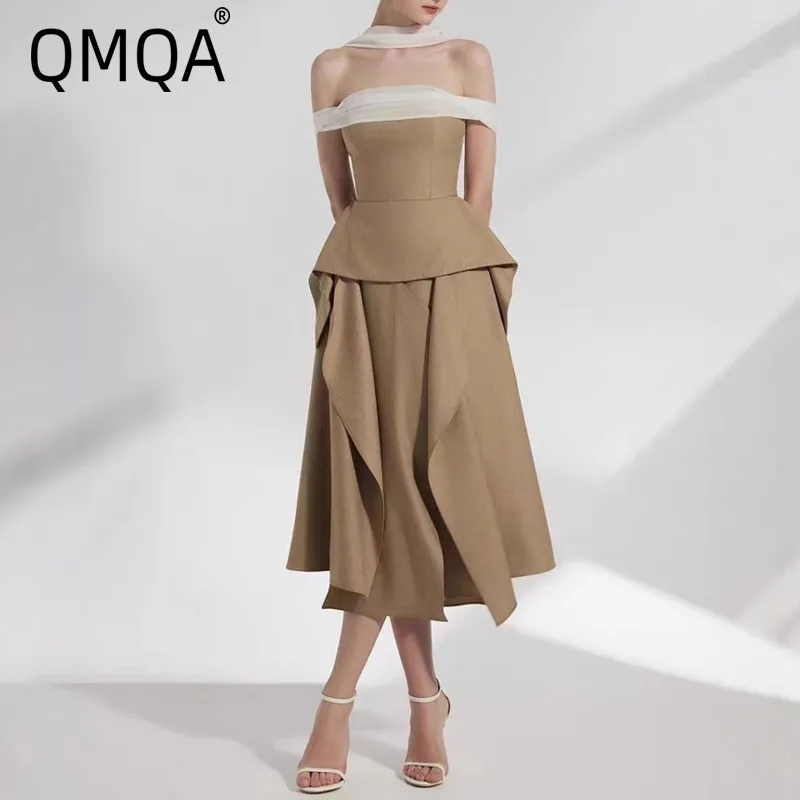 QMQA Fashion Women's Elegant Two-Piece Set Color-Block Off-Shoulder Top High Waist Irregular Skirt Sets 2025 Female New QM717