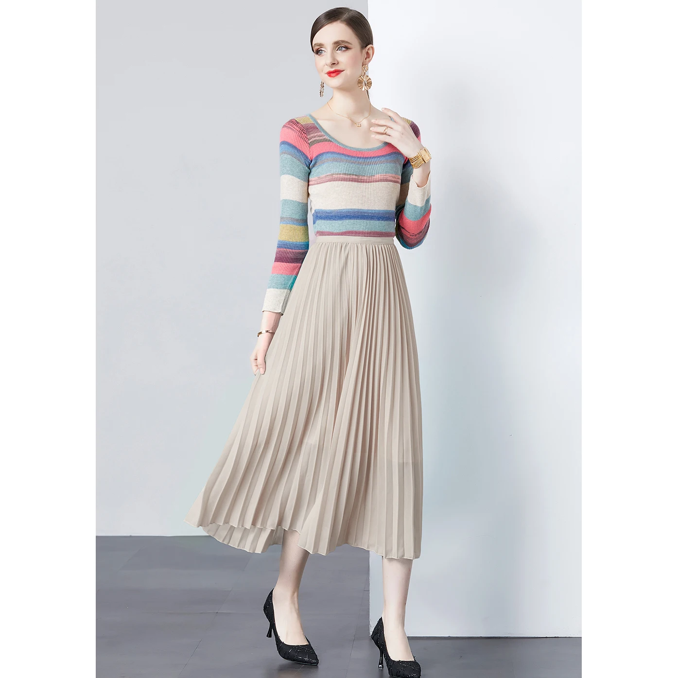 Age Reducing Slimming Simple and Versatile Knitted Top+chiffon Pleated Skirt Two-piece Set Three Bedroom Autumn Women's Clothing