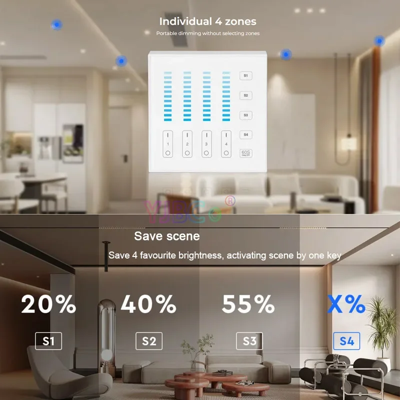 Miboxer lampu LED/pengontrol led, Remote kecerahan Panel sentuh 4 zona untuk lampu LED/pengontrol Triac/sakelar pintar
