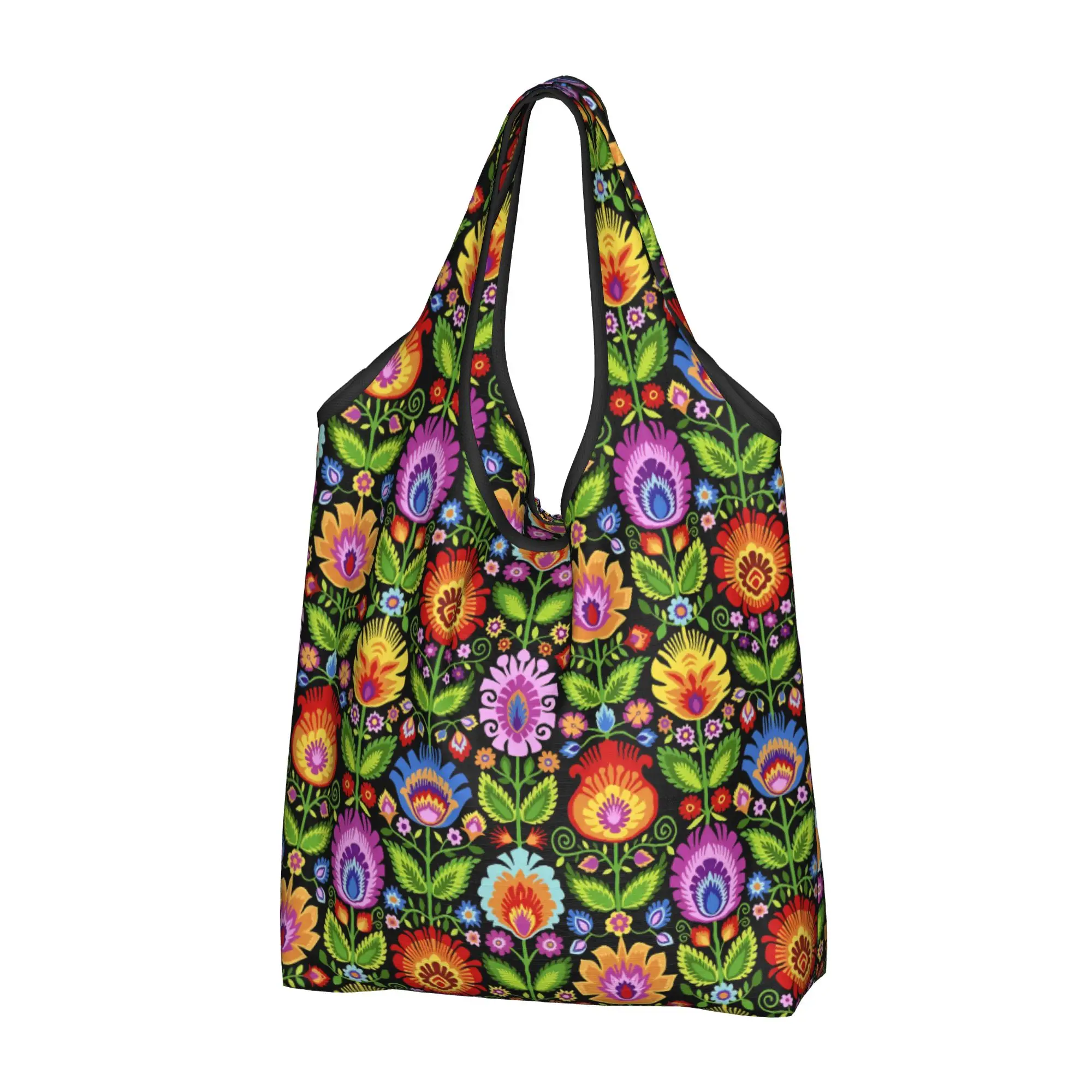 Poland Folk Flowers  Grocery Shopping Bags Funny Shopper Shoulder Tote Bags Big Capacity Portable Polish Floral   Handbag