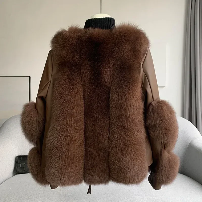 MENINA 2024 Autumn Winter Fur All-in-One Coat Women Fox Fur Coat Spliced Sheepskin Motorcycle Coat Thickened Warm Free Shipping