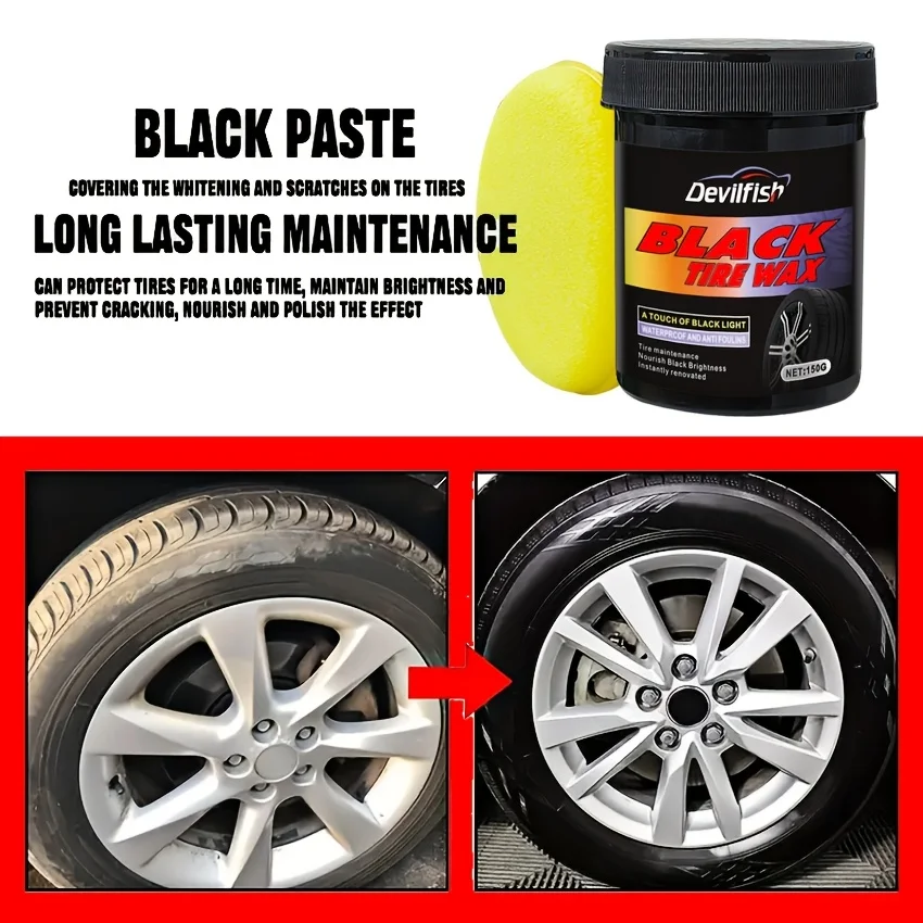150g Devifish Black Tire Wax with Sponge - UV Protection, Long-Lasting Shine, Prevents Aging & Scratch Repair