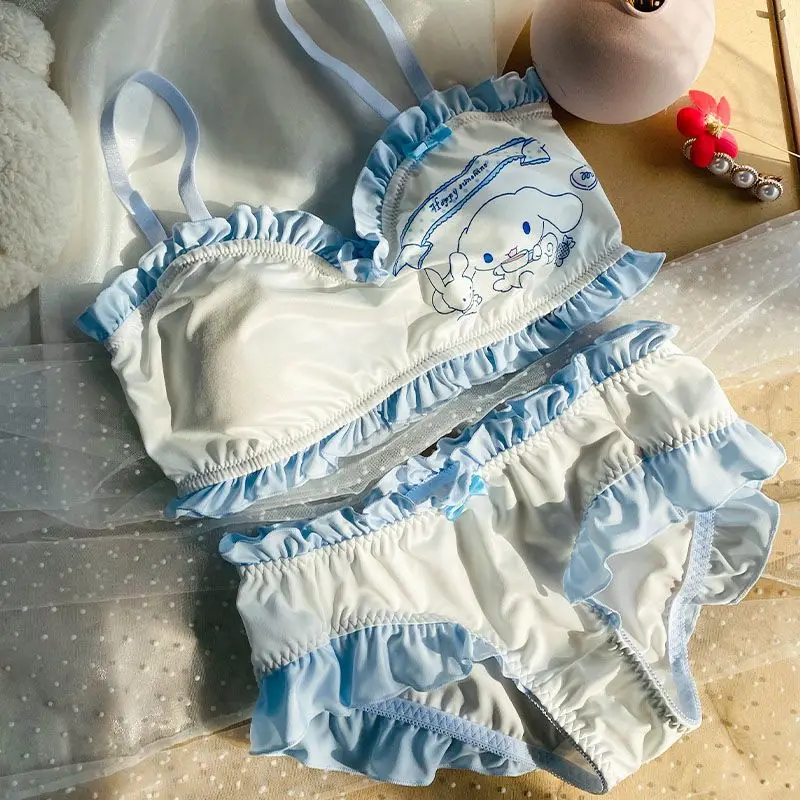 Sanrio Cute Cartoon Kuromi My Melody Cinnamoroll Printed Bikini Swimsuit Kawaii Anime Lace Underwear Set Girls Birthday Gift New