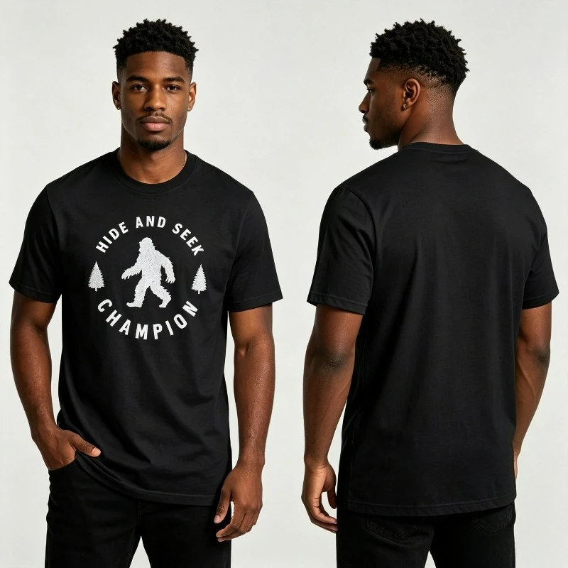 Men's Black White 'Hide And Seek Champion' Bigfoot Print T-shirt, Funny Sasquatch Top