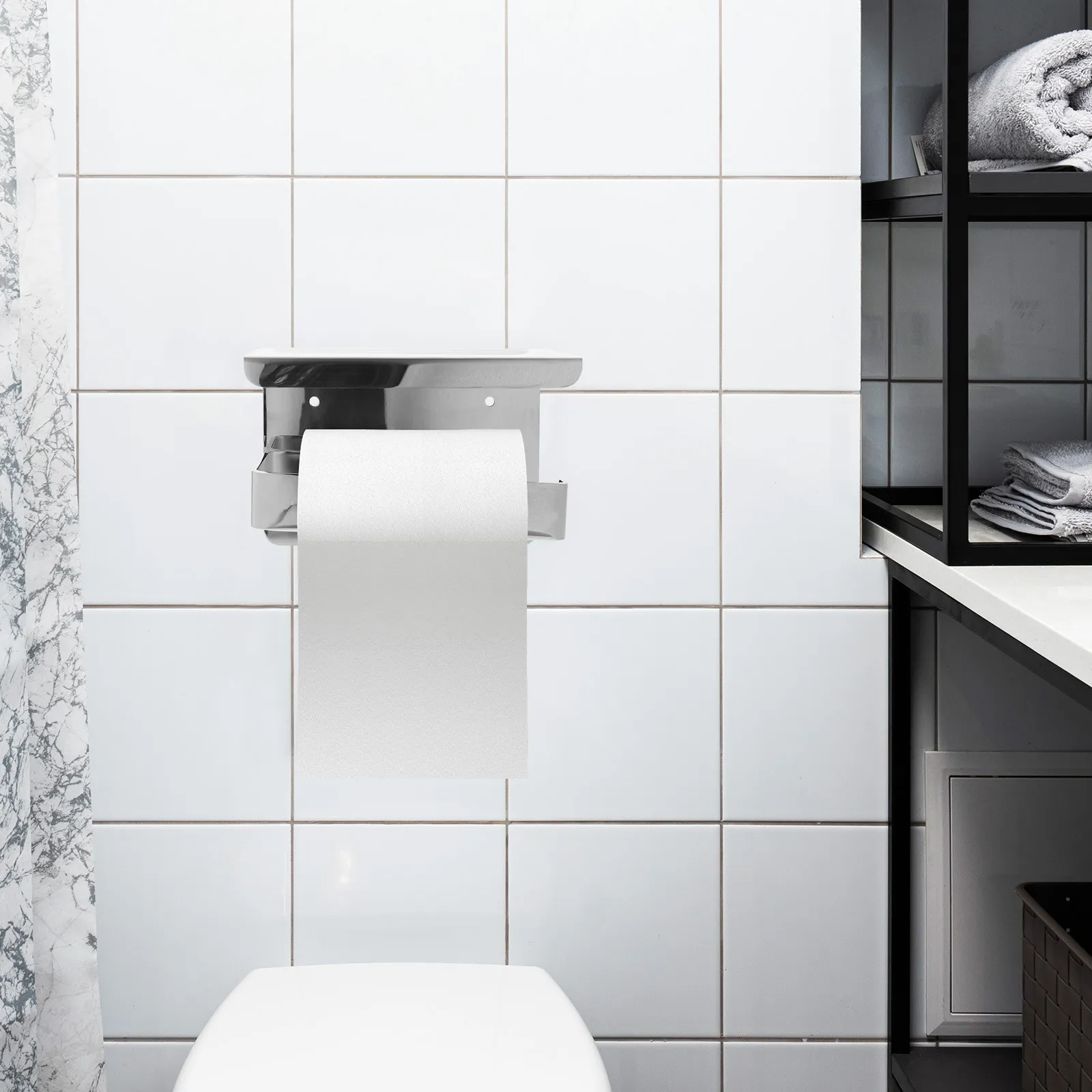

Stainless Steel Toilet Paper Holder Wall Mounted with Shelf Storage Rack for Bathroom Kitchen Phones Cigarettes Glasses Watches