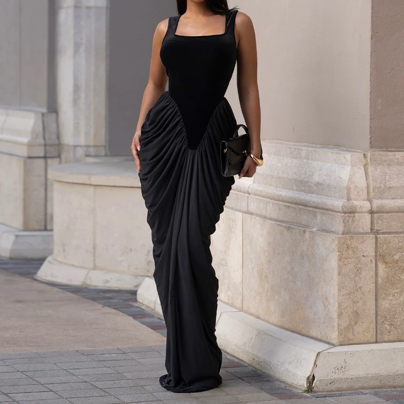 Women Velvet Stacked Ruched Sleeveless Bodycon Long Maxi Dresses 2026 Fall Sexy Party Trendy Birthday Evening Dress Vestidos