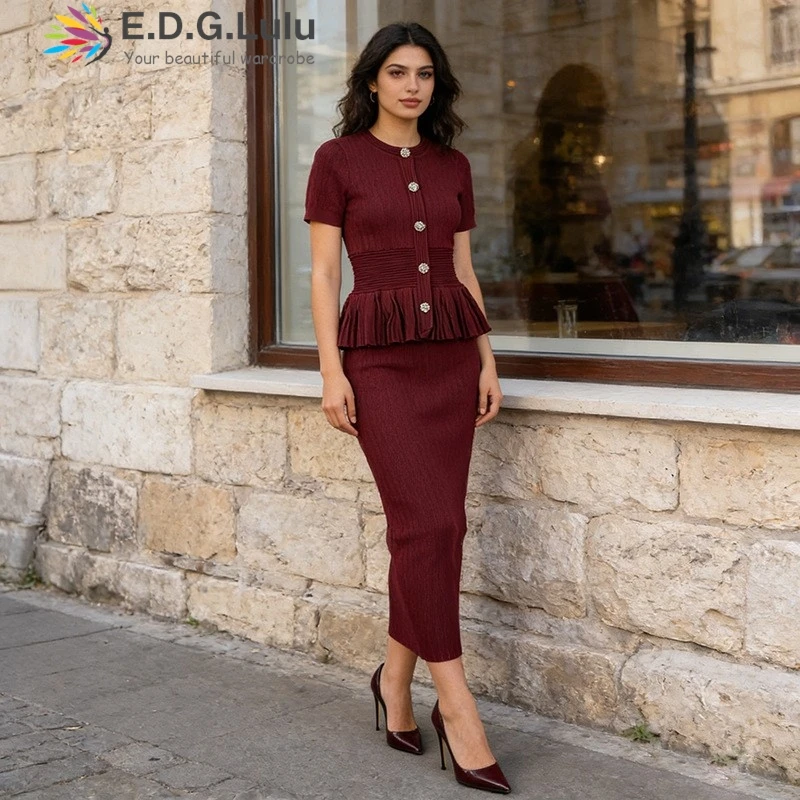 

EDGLuLu French Style O Neck Short Sleeved Knitted Dress Woman Single Breasted High Waisted Splicing Ruffle Black Long Dress 0412