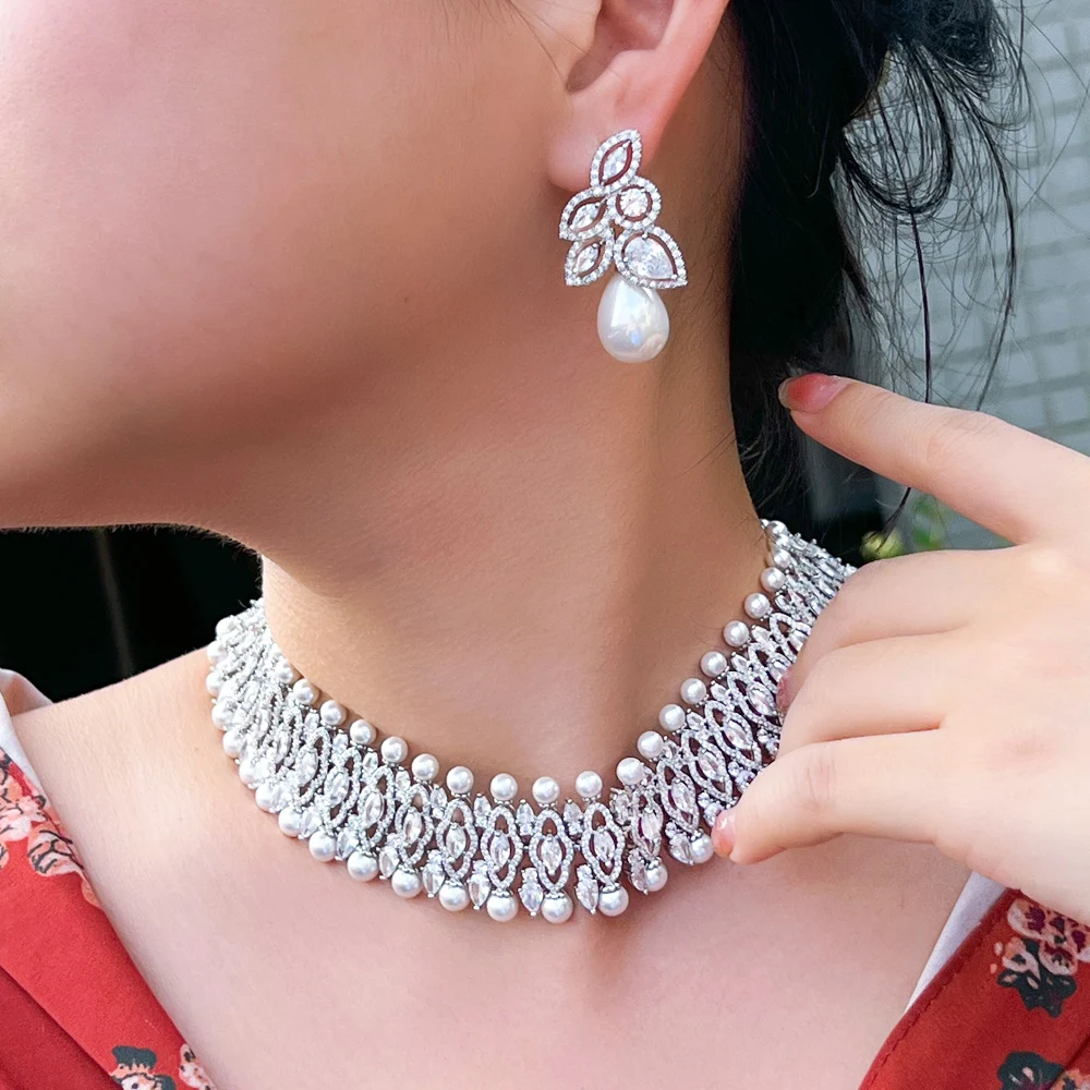 CWWZircons Weiße Zirkonia Große Luxus-Choker-Perlenkette Ohrringe Hochzeit Braut Party Schmucksets für Frauen Großhandel T0931 – Detail 3