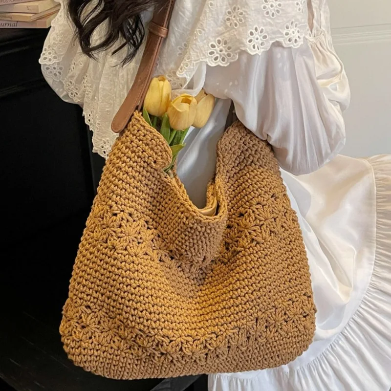 

Women's 2026 New Korean Knit Woven Large Capacity Bag Minimalist Vacation Beach Casual Single Shoulder Tote