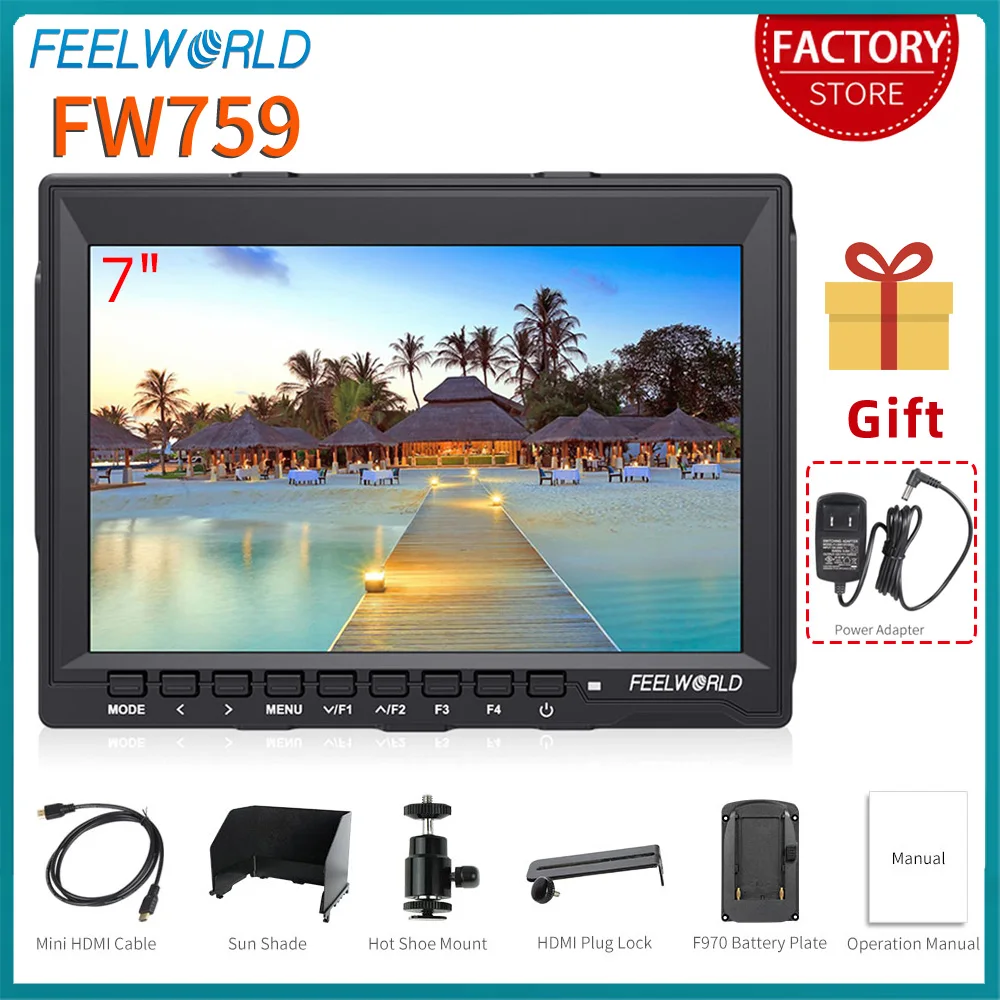 Moniteur De Champ FW759 7 Pouces – Écran IPS 400 Nits, HDMI/AV, Ultra-Mince 17mm, Sunshade Inclus Pour Tournage Extérieur
