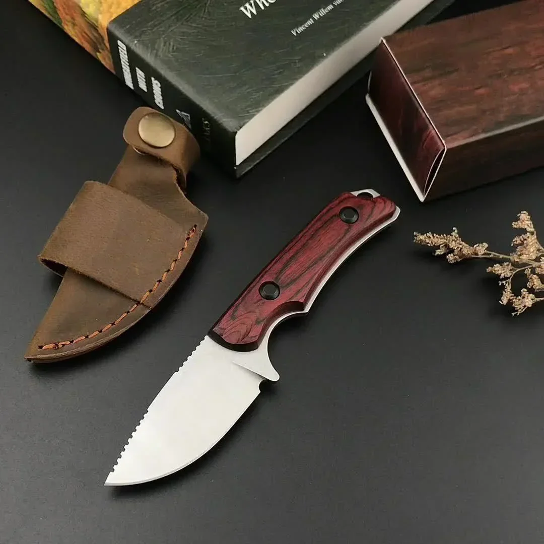 

BM 15017 Wooden handle Fixed Blade knife Camping Multi-functional EDC knife leather sheath hunting tactics small straight knife