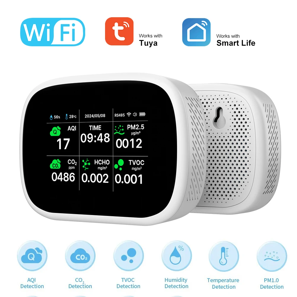 Tuya WiFi 10 in 1 Smart Air Quality Detector Multifunctional AQI PM2.5 PM1.0 PM10 CO2 TVOC HCHO Temperature and Humidity Tester