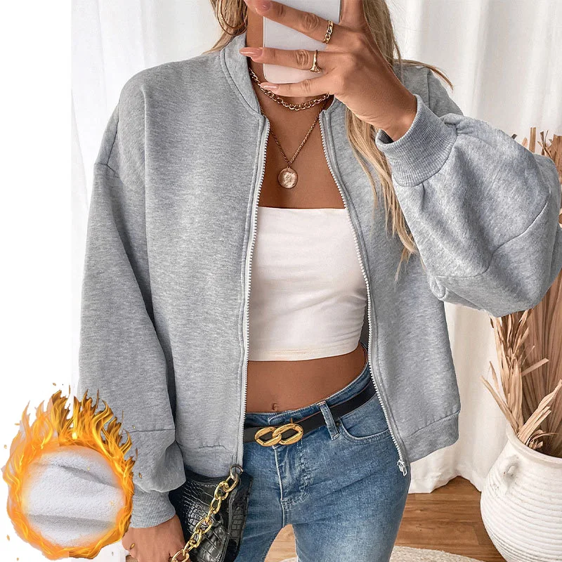 

2025 autumn winter solid zipper fleece jacket women loose temperament casual Velvet y2k top short coats Women's baseball jackets