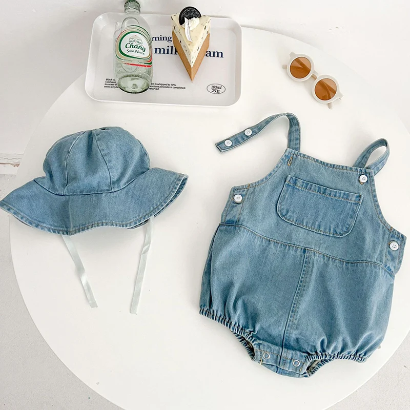 Boys Girls Summer New Solid Color Sleeveless Denim Jumpsuit Pocket Bodysuit Toddler Baby Boy Cowboy Romper +Hat