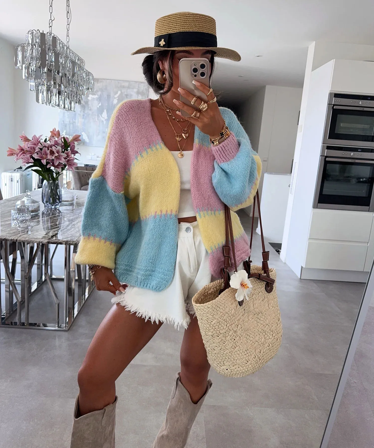 

Autumn New Women Sweater Casual Knitted Spliced ​​colored Plaid Lantern Sleeve Cardigan Loose Fashion Warm Coat Pulls Femmes