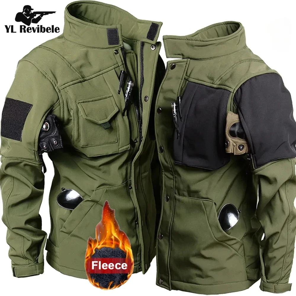 Winter Fleece Jacket Men Riding Outdoor Motorcycle Coats Tactical Multi-pocket Soft Shell Waterproof Windproof Warm Shark Skin