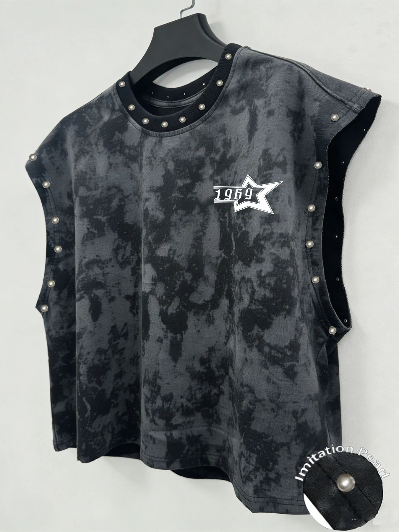 Tie Dye Sleeveless Tank Top, Star Letter Front Print Imitation Pearl  Sports Street Vest men clothing tank top men
