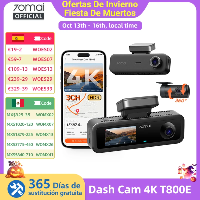 70mai T800E Cámara de Coche 4K de 3 Canales (Frontal, Trasera e Interior) con Control por Voz, Estacionamiento 24H, Supercondensador, GPS y DVR 4K