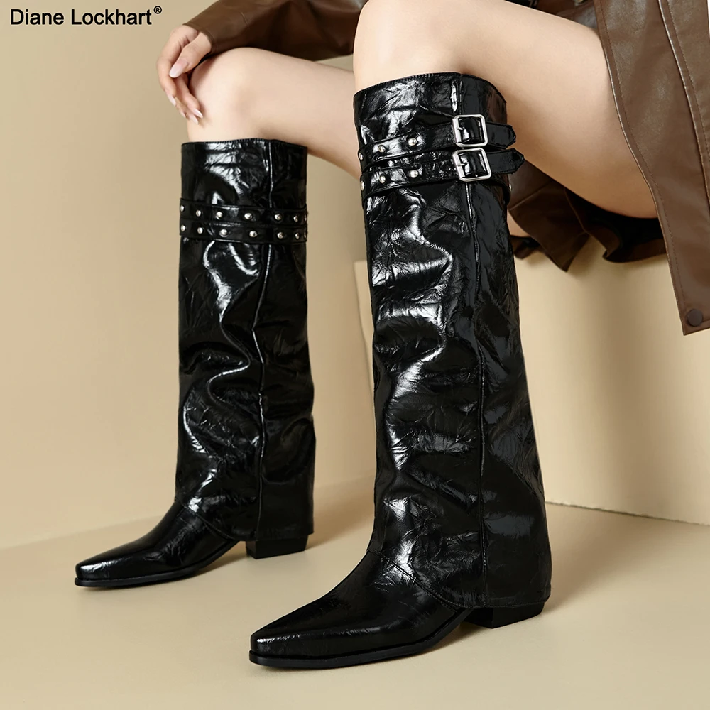 

New Low-heeled Detachable Knee Boots Women Pointed Toe Square Buckle Long Boots Design 2025 Winter Fashion Woman Sexy Shoes 45