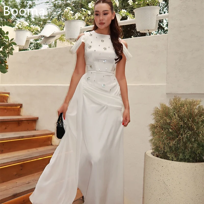 

Booma Mermaid Crystal Off The Shoulder Satin Simple Long Wedding Dresses Sleeveless Ivory Elegant Brides Gown Custom Made 2025