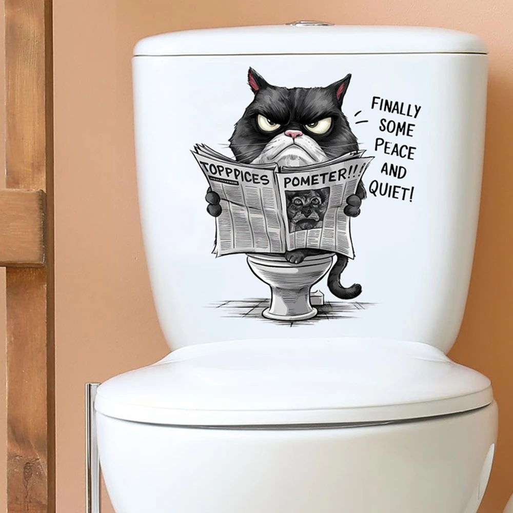 Home Bathroom Quotes - Funny Black Cat Reading Newspaper Toilet