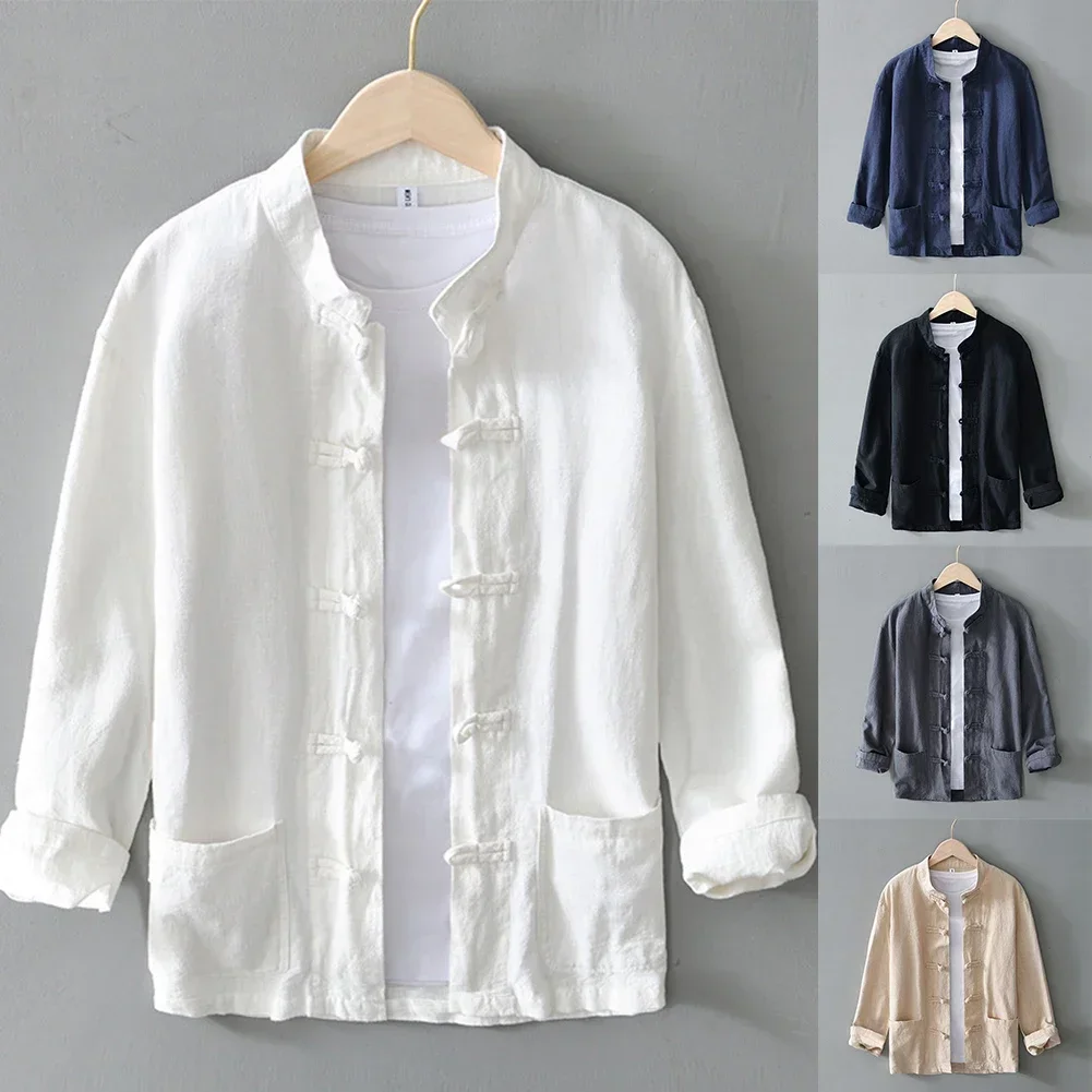 Men Chinese Style Long Sleeves Blouse Button Down Tang Suit Uniform Shirts Tops Stand-up Collar Tops