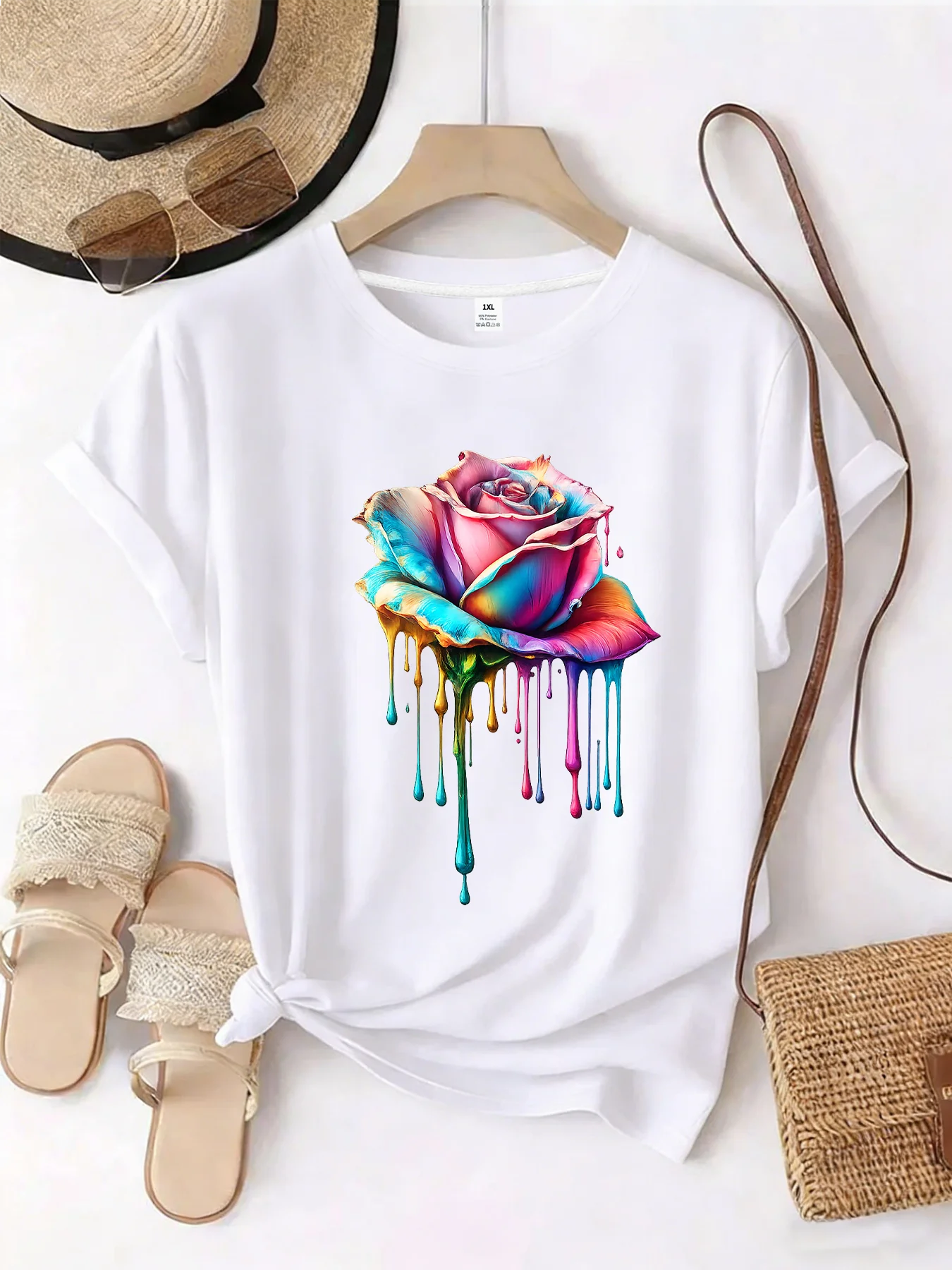 

【WZM101514】Rose print plus size women's round neck summer casual short sleeved street fashion versatile plus size T-shirt