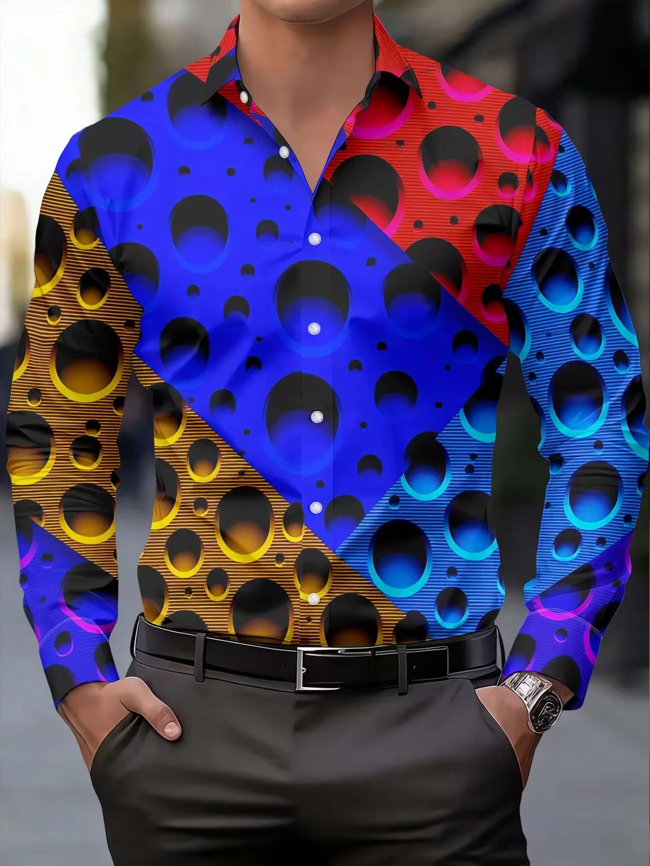 New lake blue ethnic style paisley print men's long sleeved shirt for vacation style casual versatile shirt clothing