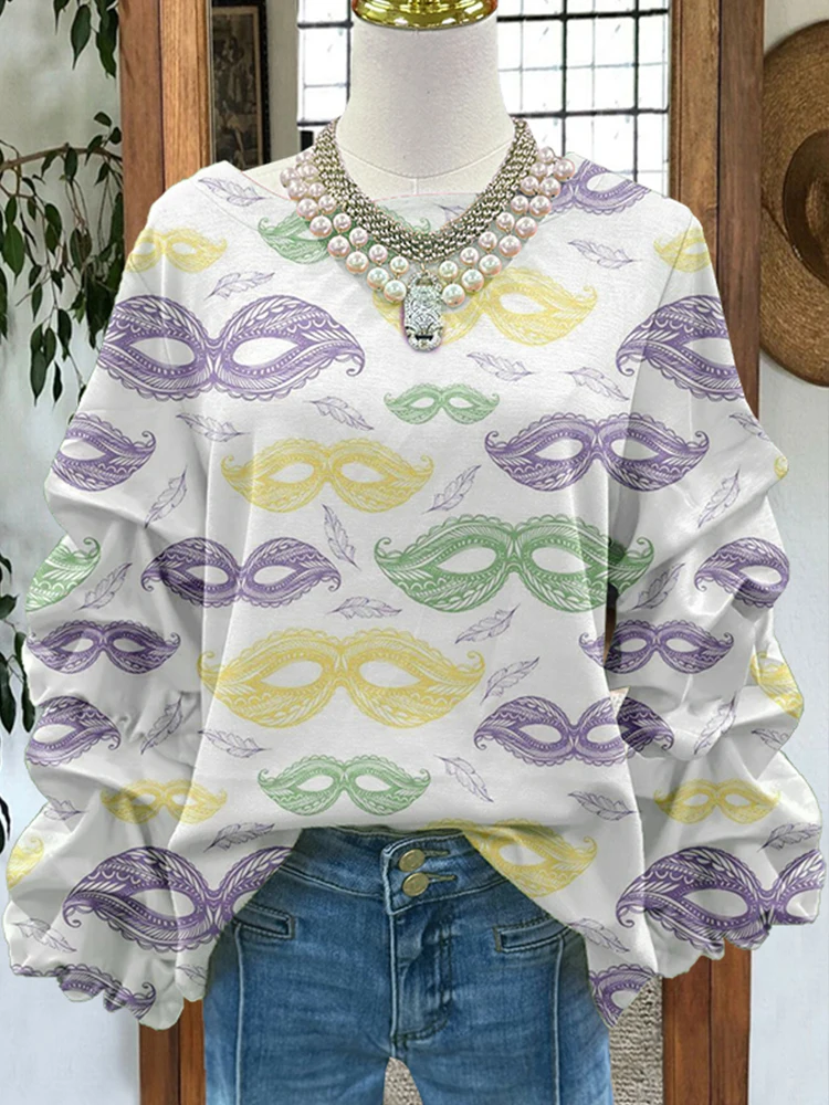 Mardi Gras Mask Pleated Sweatshirt