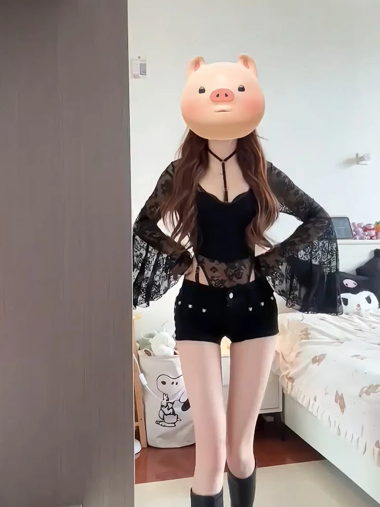 

Сексуальное кружевное боди в стиле ретро с v-образным вырезом, комплект брюк, облегающий комплект с прикрытием ягодиц для молодых женщин, летний ансамбль из двух предметов Faion