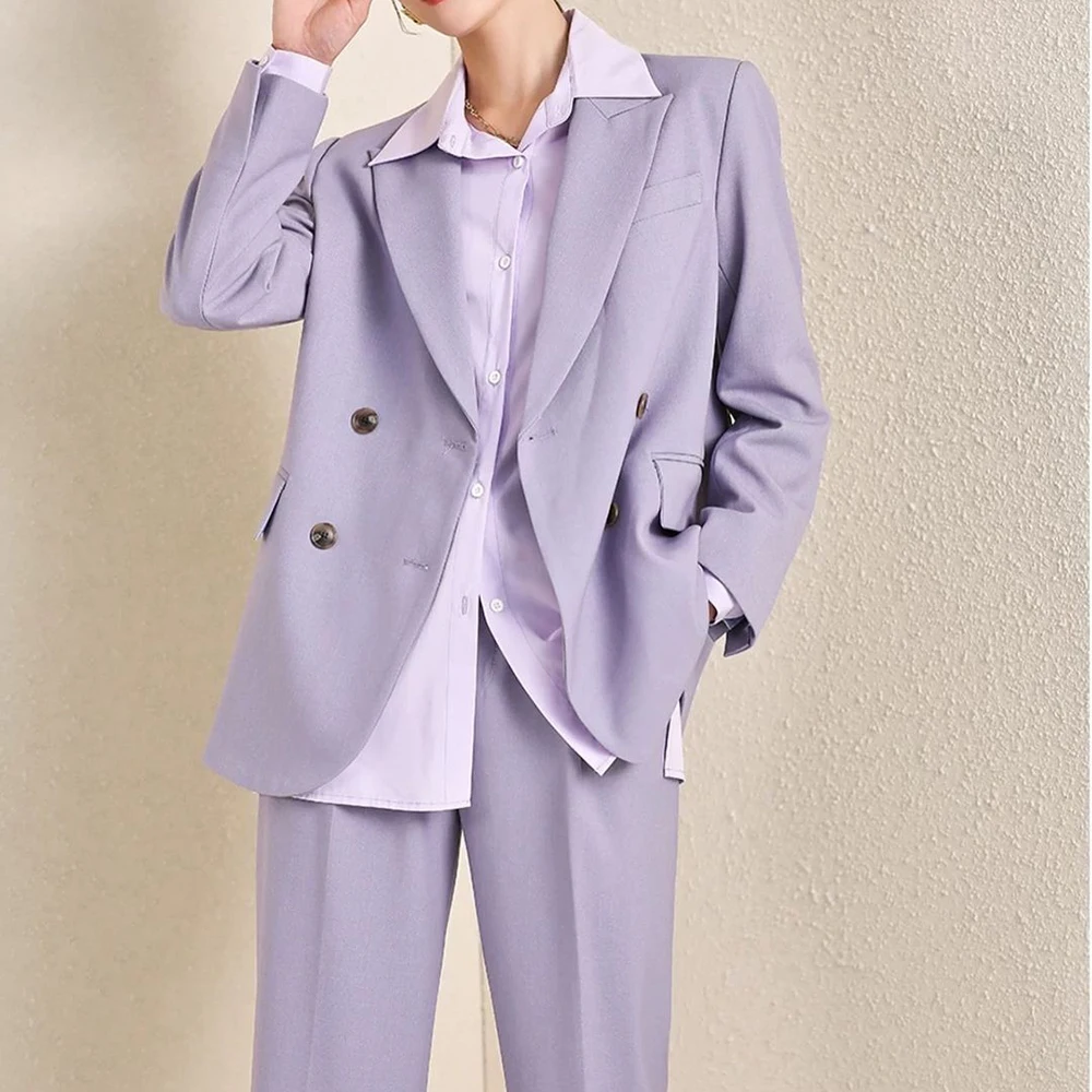 Double Breasted Peak Lapel Purple Women Blazer Pants Sets Elegant Female 2 Piece Jacket Trousers Outerwear Office Lady Clothing