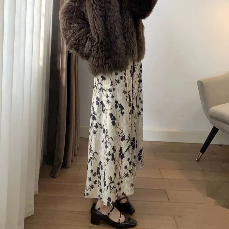 Faldas de mujer primavera otoño elegante señoras champán terciopelo Maxi falda elástica de cintura alta A-Line falda larga de talla grande M-3XL