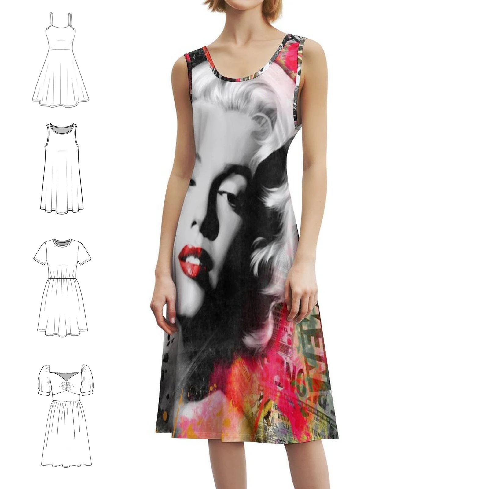 مارلين مونرو فن البوب فستان بوهيمي عتيق بأكمام منتفخة أو خيارات بلا أكمام للنساء فستان مارلين مونرو فن البوب الجمال