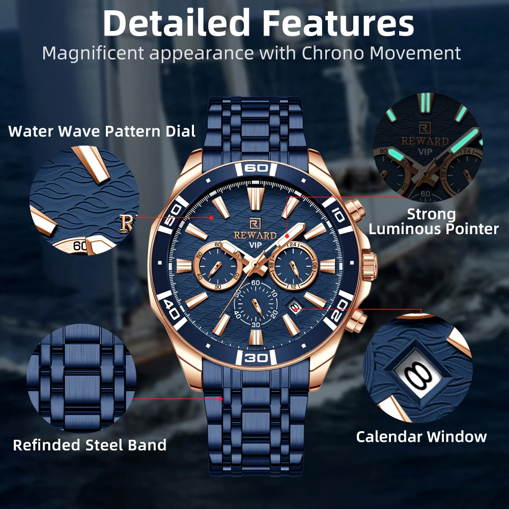 REWARD New Mens Watches Stainless Steel Luxury Waterproof Chronograph Luminous Wrist Watch Fashion Men Sports Quartz Watch