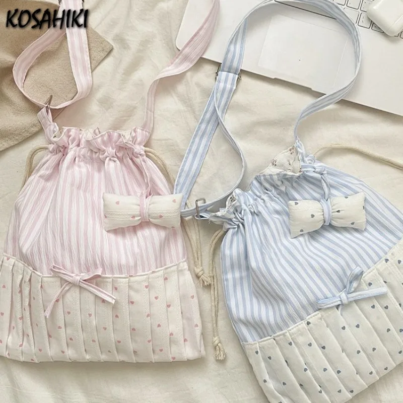 

Patchwork Kawaii Sweet Striped Women Shoulder Bags Fashion Chic Bow Heart Print Handbags Y2k Pleated Ins Drawstring Underarm Bag