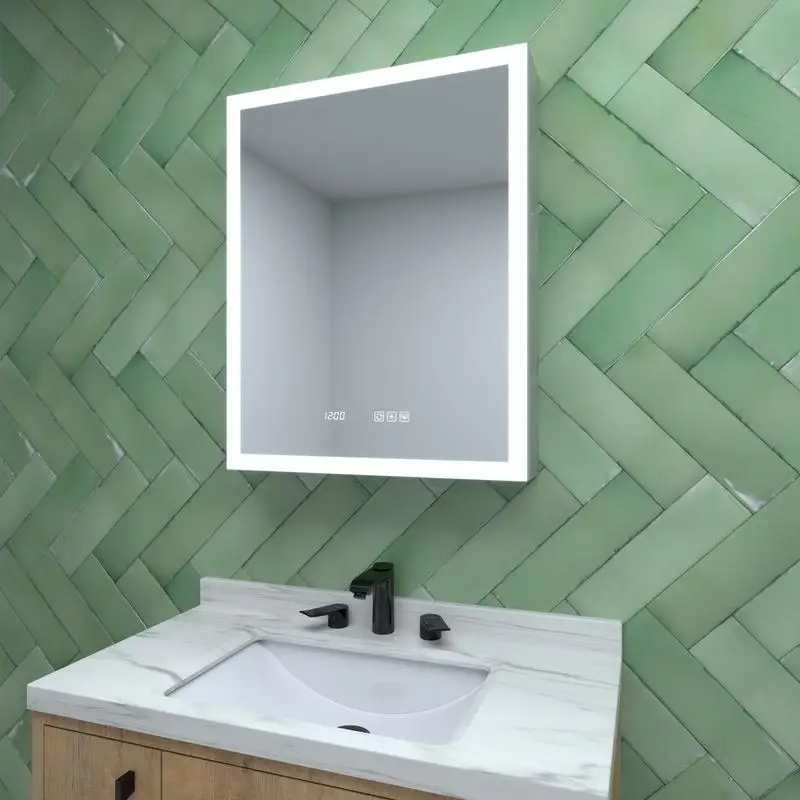 

24" W x 30" H Rectangular Silver Aluminum Recessed Surface Mount Right Vanity Cabinet with Mirror LED Clock