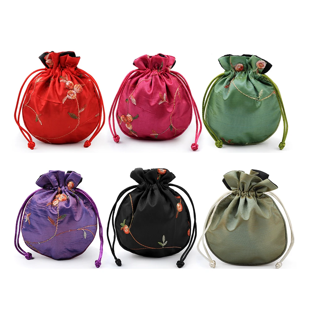 

6 Pcs Chinese Style Embroidery Jewelry Bag Vintage Gift Pouch Drawstring Coin Purse for Wedding Party Favors Storage