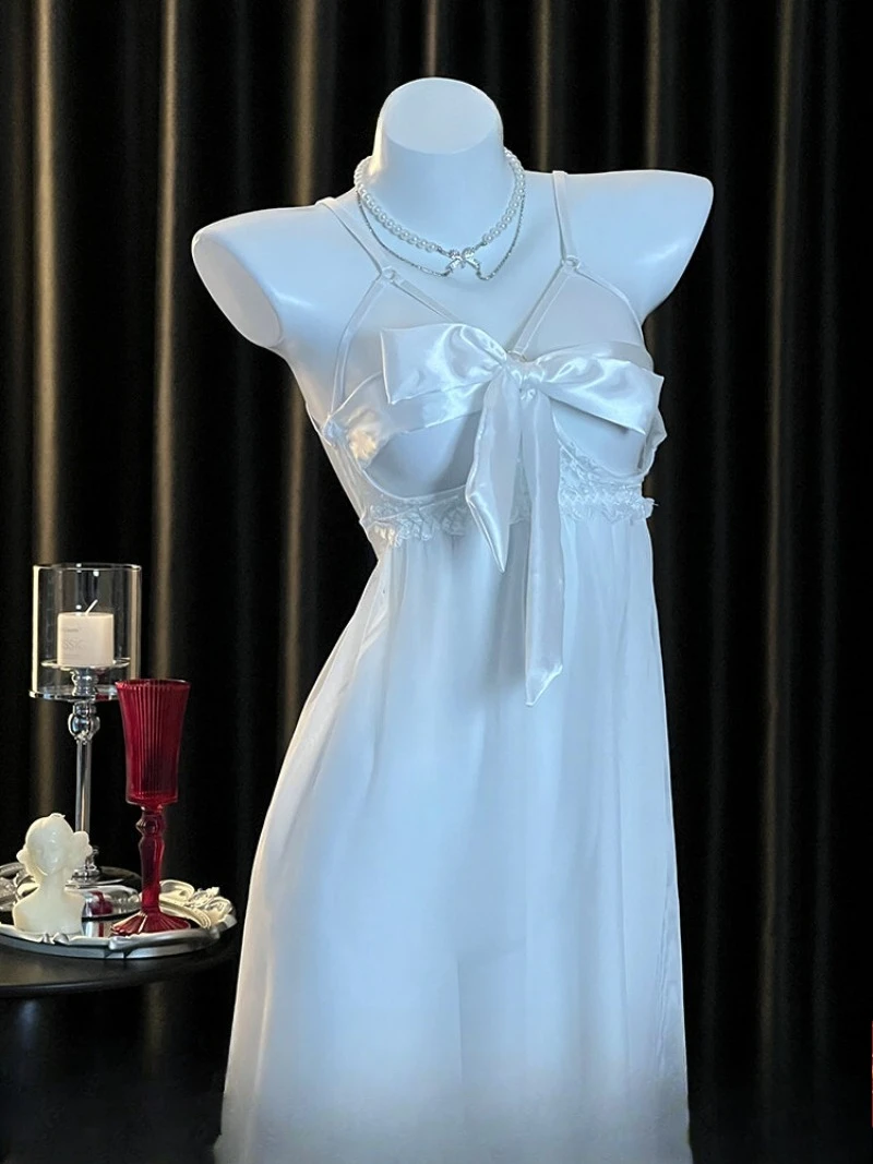 

Pure Desire Bow Mesh See-Through Spaghetti-Strap Nightgown,Feminine Romantic Pajama,Soft Seductive Sleepwear for Women