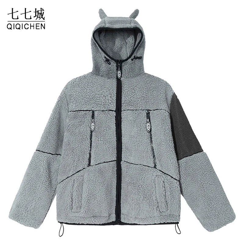 

High Street Thick Jacket Men Vintage Lambhair Frog Hooded Padded Jackets Winter Casual Oversized Coat Parkas Unisex Streetwear