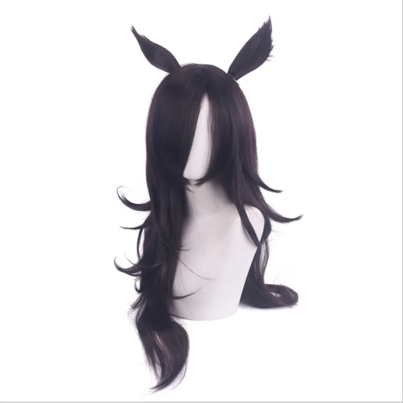 Parrucca cosplay per ragazze Pretty Derby Racing con prestazioni del carattere Arricciatura inversa a strati marrone scuro con orecchie di animali