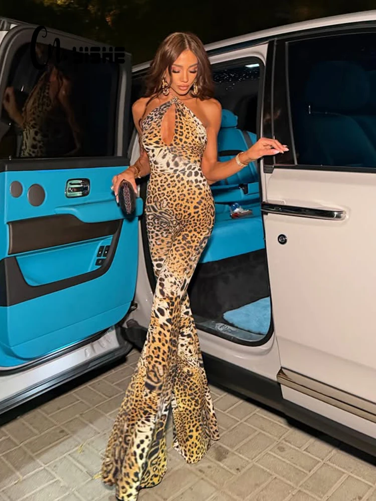 

CNYISHE Halter Leopard Prints Hollow Out Tompers Skinny Sleeveless Women Jumpsuits Fashion Sexy Club Casual Female Streetwear